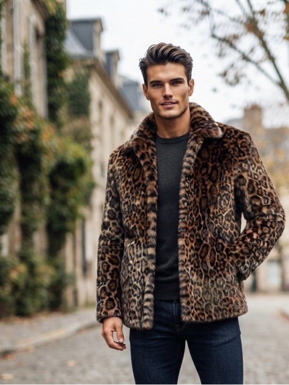 Men's Leopard Print Faux Fur Jacket - Brown
